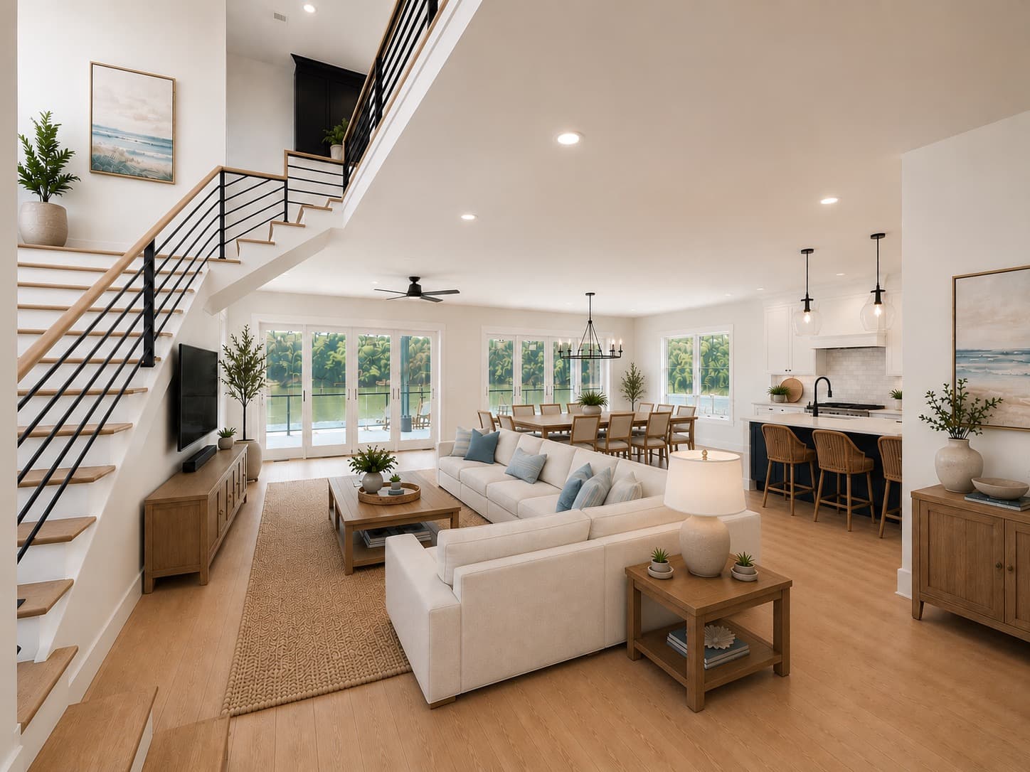 Open living, dining, and kitchen spaces at 16 Indigo Lane in Sea Pines